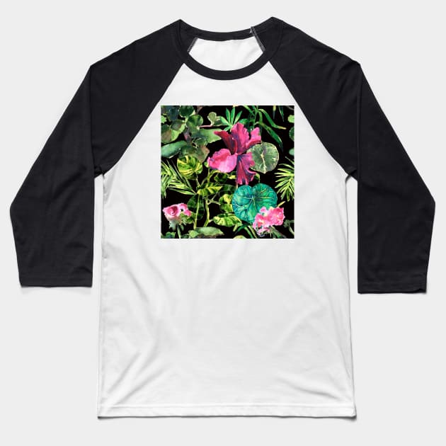 Seamless tropical flower, plant and leaf pattern background Baseball T-Shirt by Olga Berlet